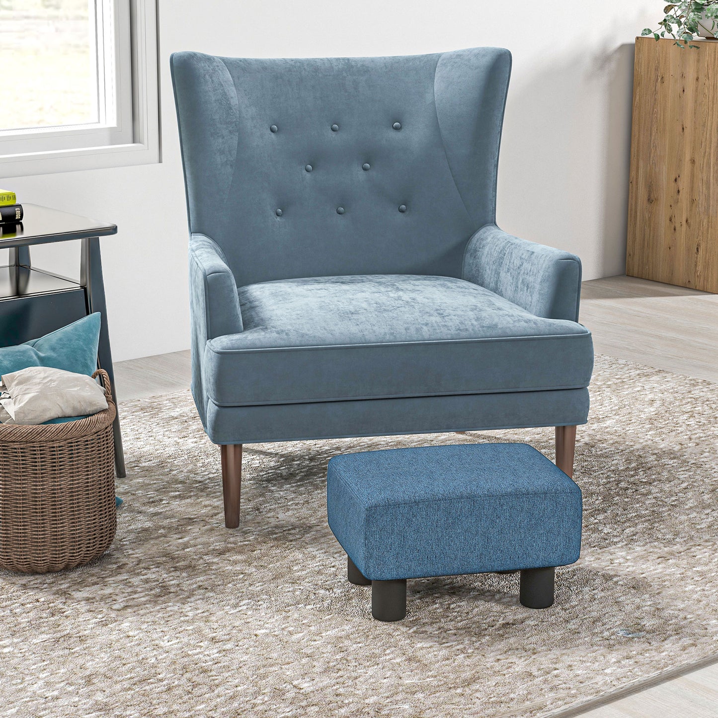 Fatopa Linen Blue Cube Footstool With 4 Plastic Feet