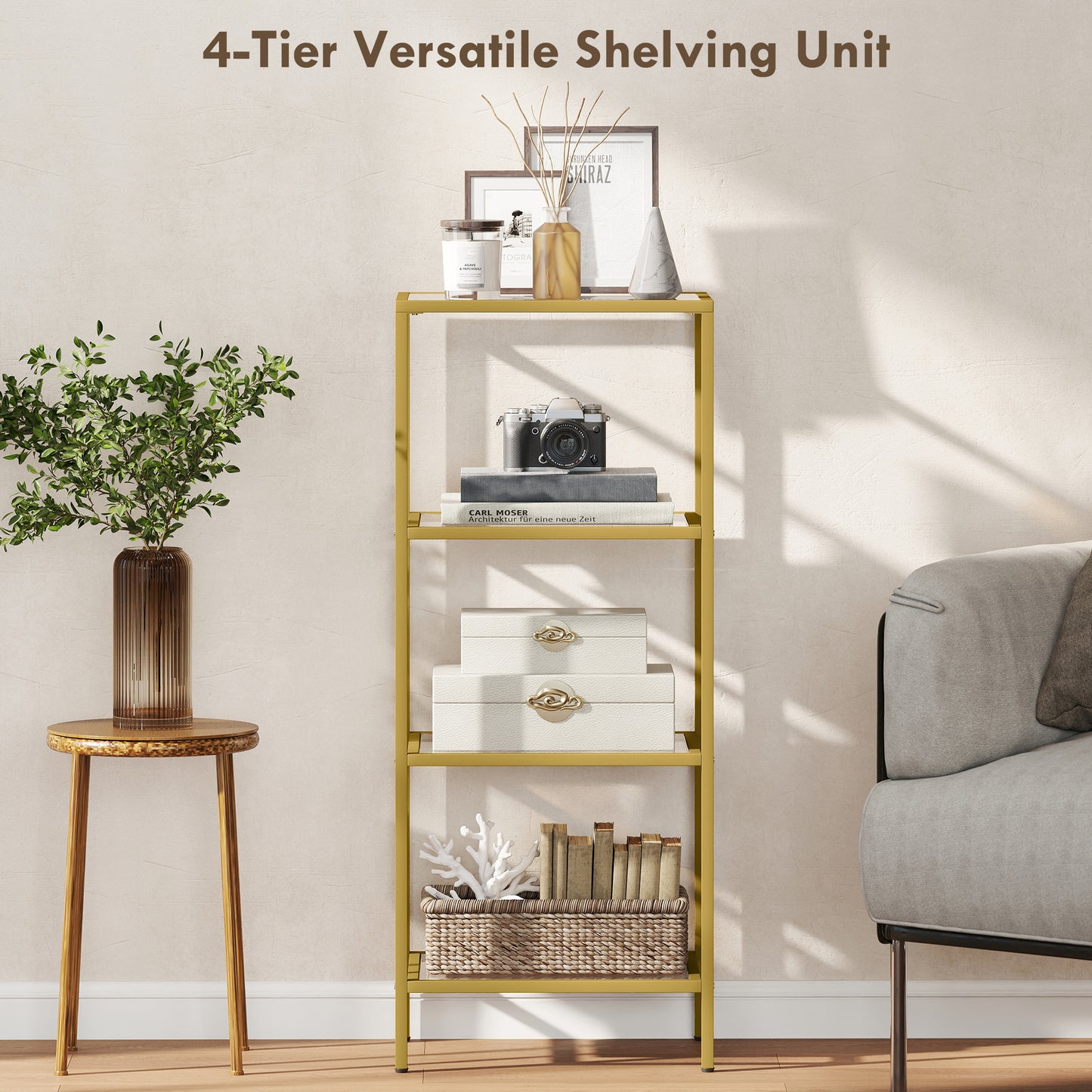 Nopazi Tofi Metal And Glass Gold Tone 4 Tier Vertical Display Shelving Unit