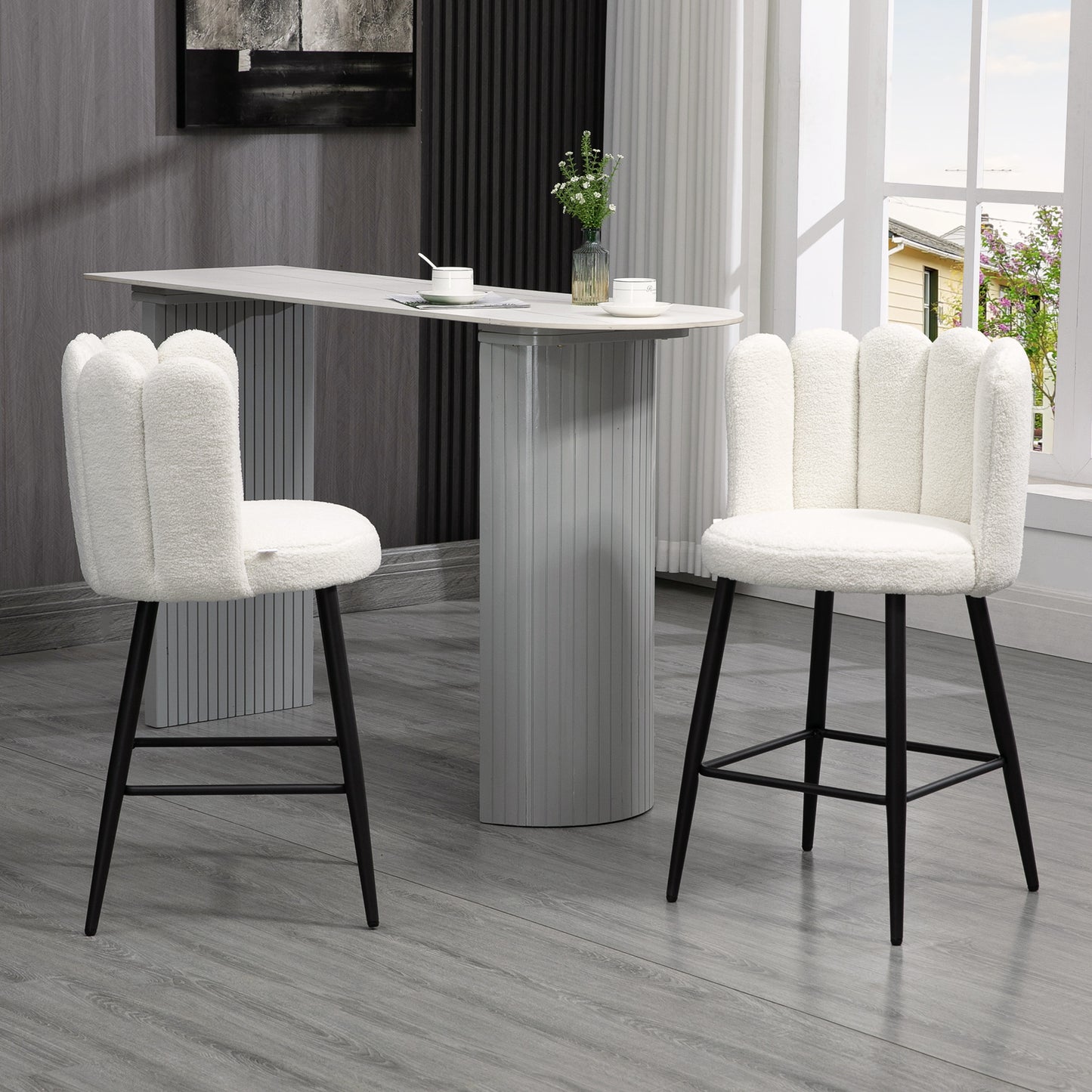 Ettine Scallop Boucle Cream Upholstered Bar Stools Set Of 2 With Steel Base And Footrest