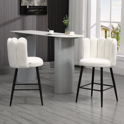 Ettine Scallop Boucle Cream Upholstered Bar Stools Set Of 2 With Steel Base And Footrest