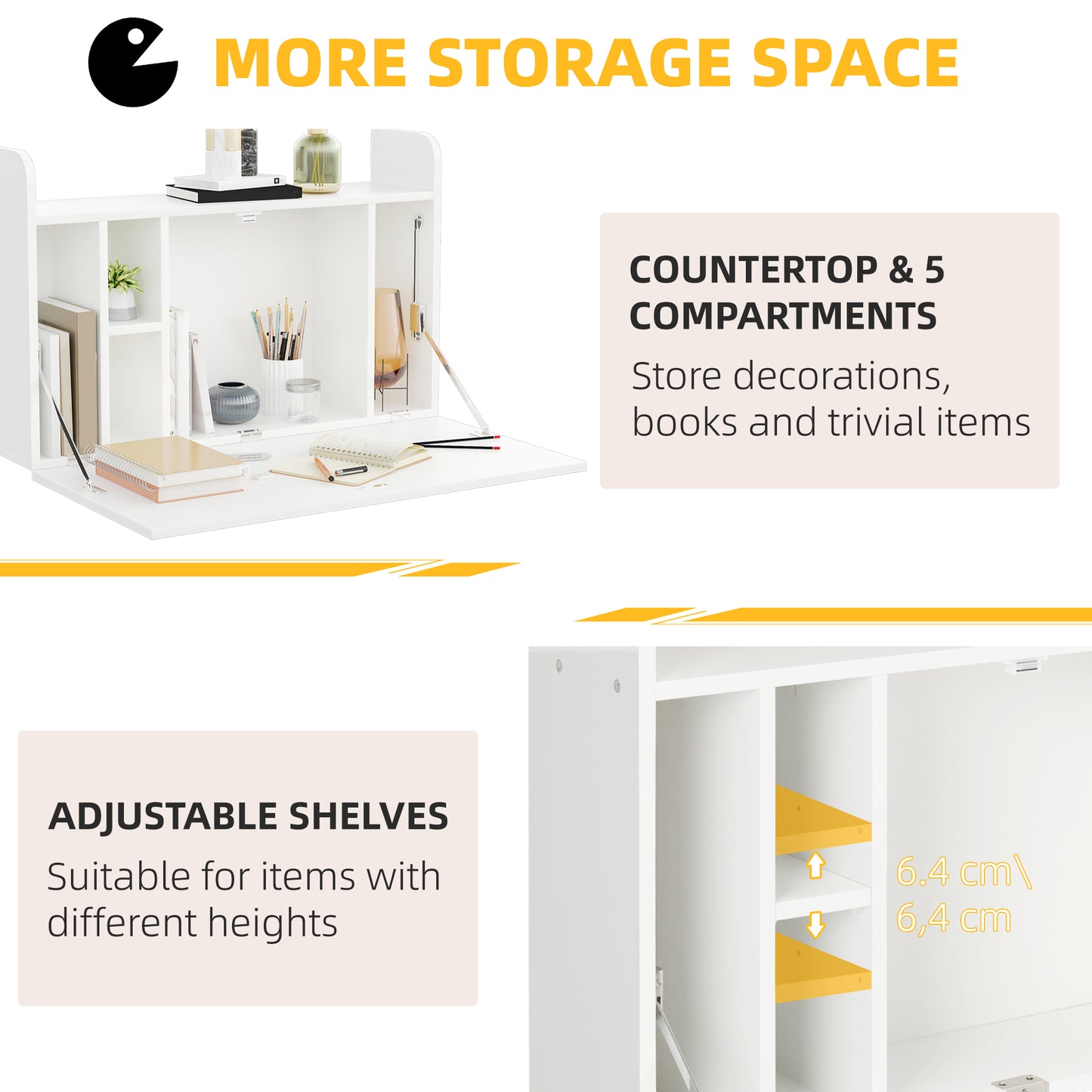 Pata Sovi Wood White Wall Mounted Drop Leaf Laptop Desk With Storage Compartments 77 x 20 x 51 cm