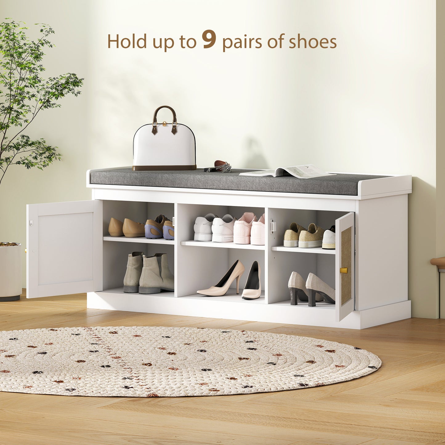 Bafisa Wooden White Boho Shoe Bench With Cushioned Seat And Rattan Doors