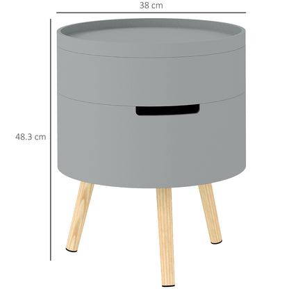 Pano Wooden Grey Round 3 Tier Bedside Table With Hidden Storage And Tray Top