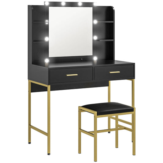 Taso Kana Black Dressing Table And Stool Set With Integrated Storage