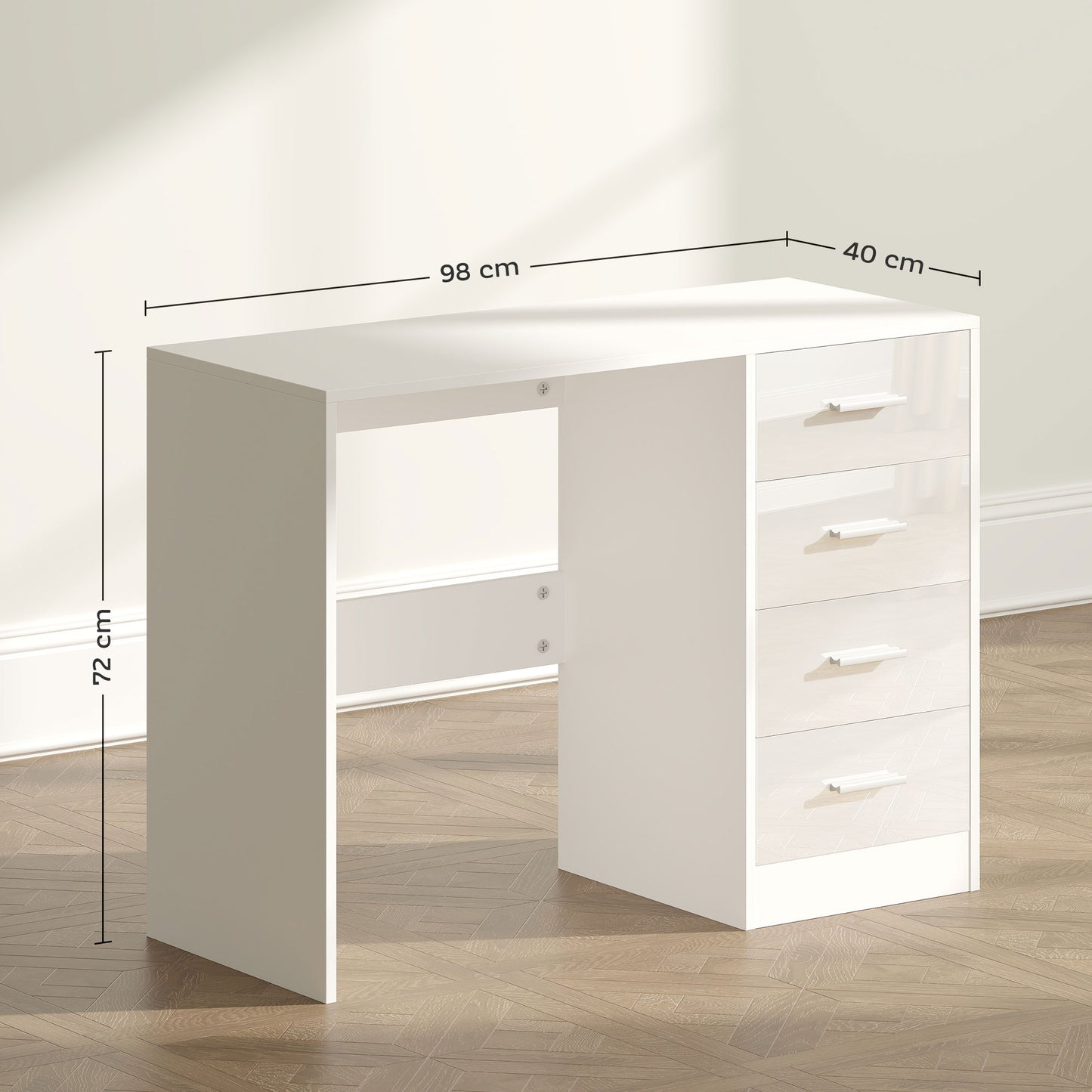 Reka 98cm High Gloss White Desk 4 Drawers For Home Office
