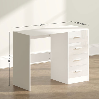 Reka 98cm High Gloss White Desk 4 Drawers For Home Office