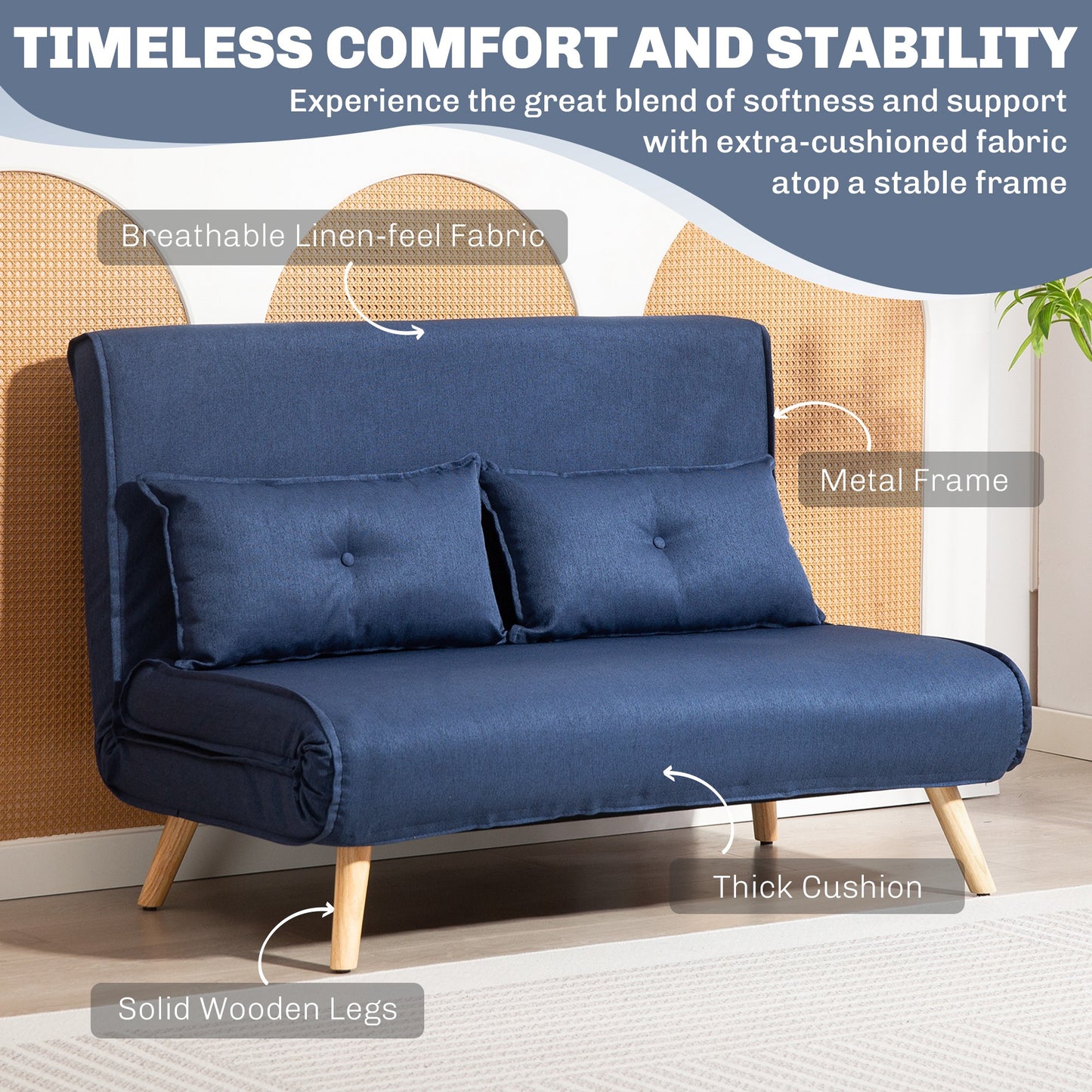 Roluzi Linen Look Dark Blue 2 Seater Sofa Bed
