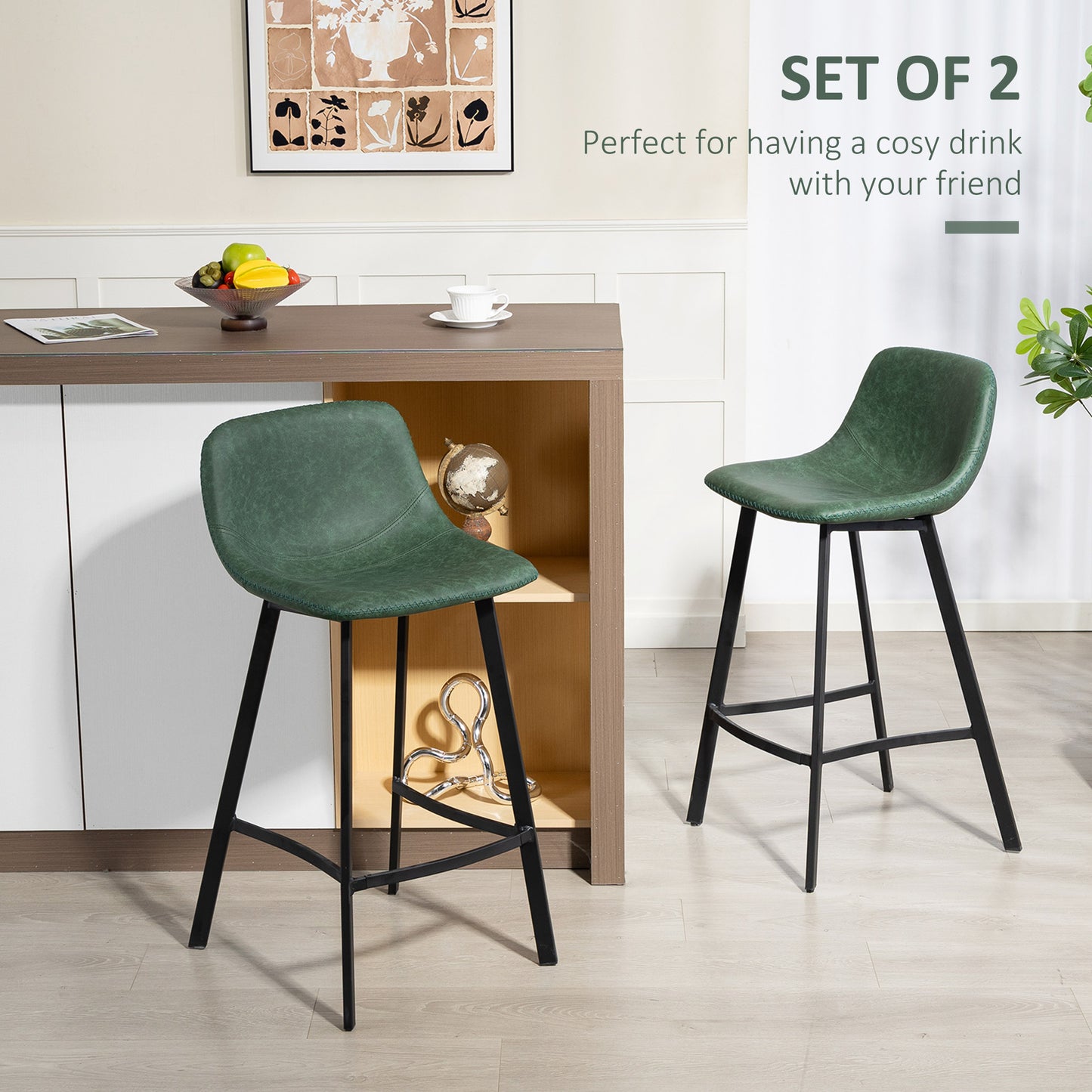 Noso Tane Set Of 2 Green Faux Leather Upholstered Dining Bar Stools