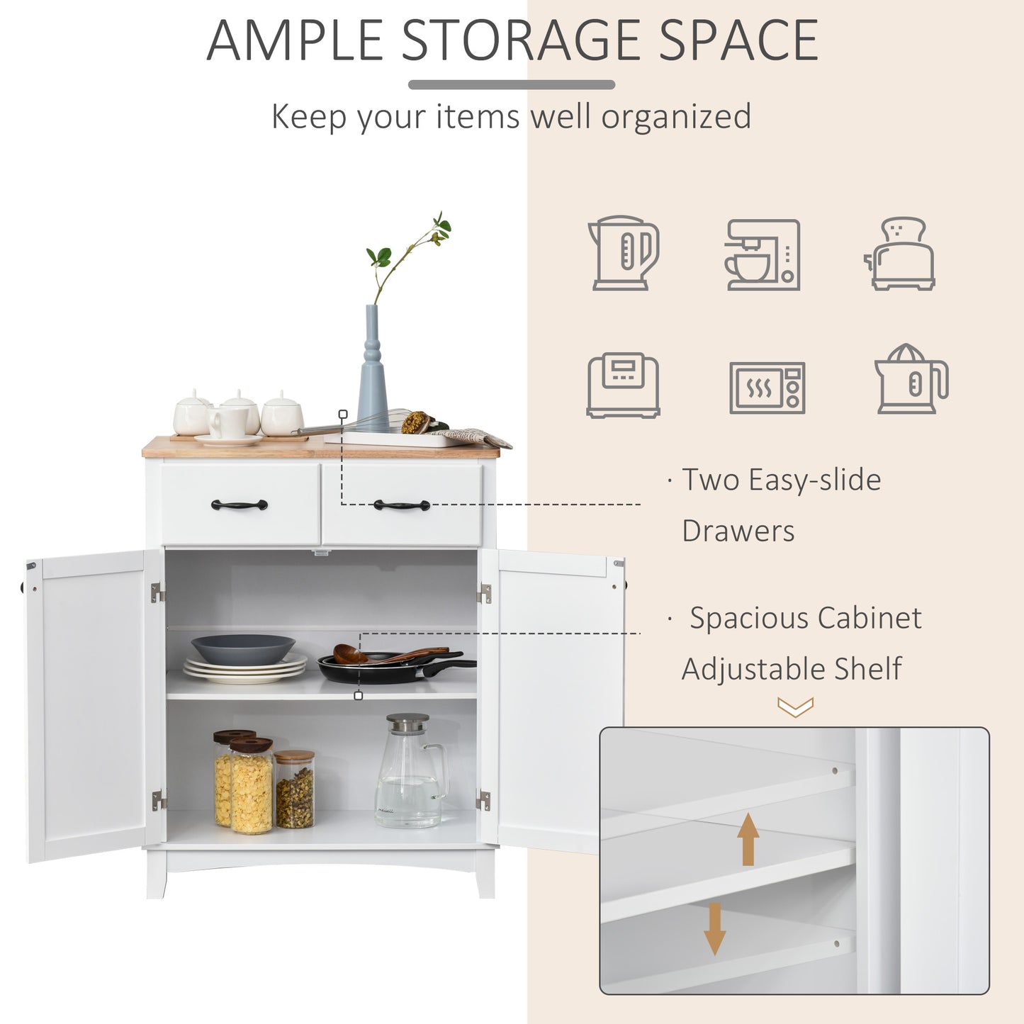 Vamalu Wooden White Kitchen Cabinet With 2 Drawers For Dining And Living Spaces