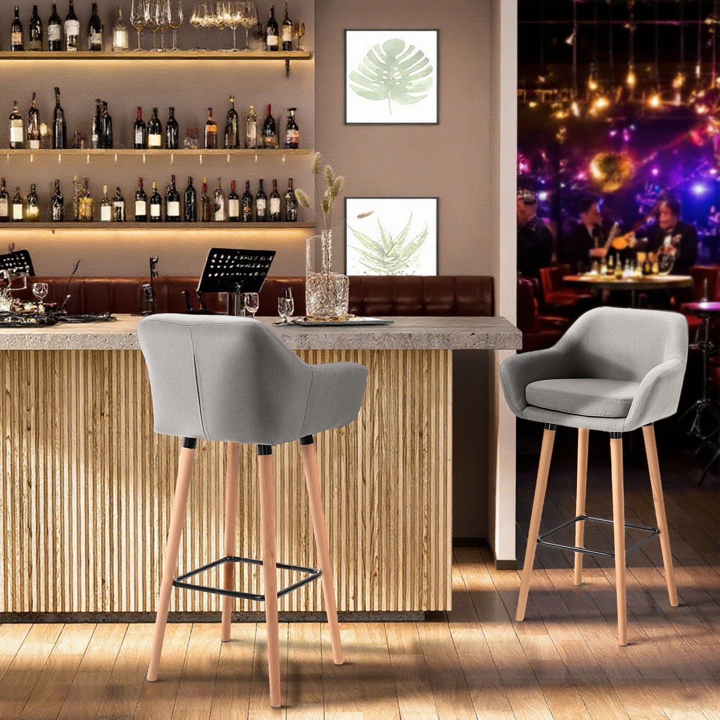 Nonozzi Fabric Grey Upholstered Bar Chairs Set Of 2 With Solid Wood Legs And Metal Frame