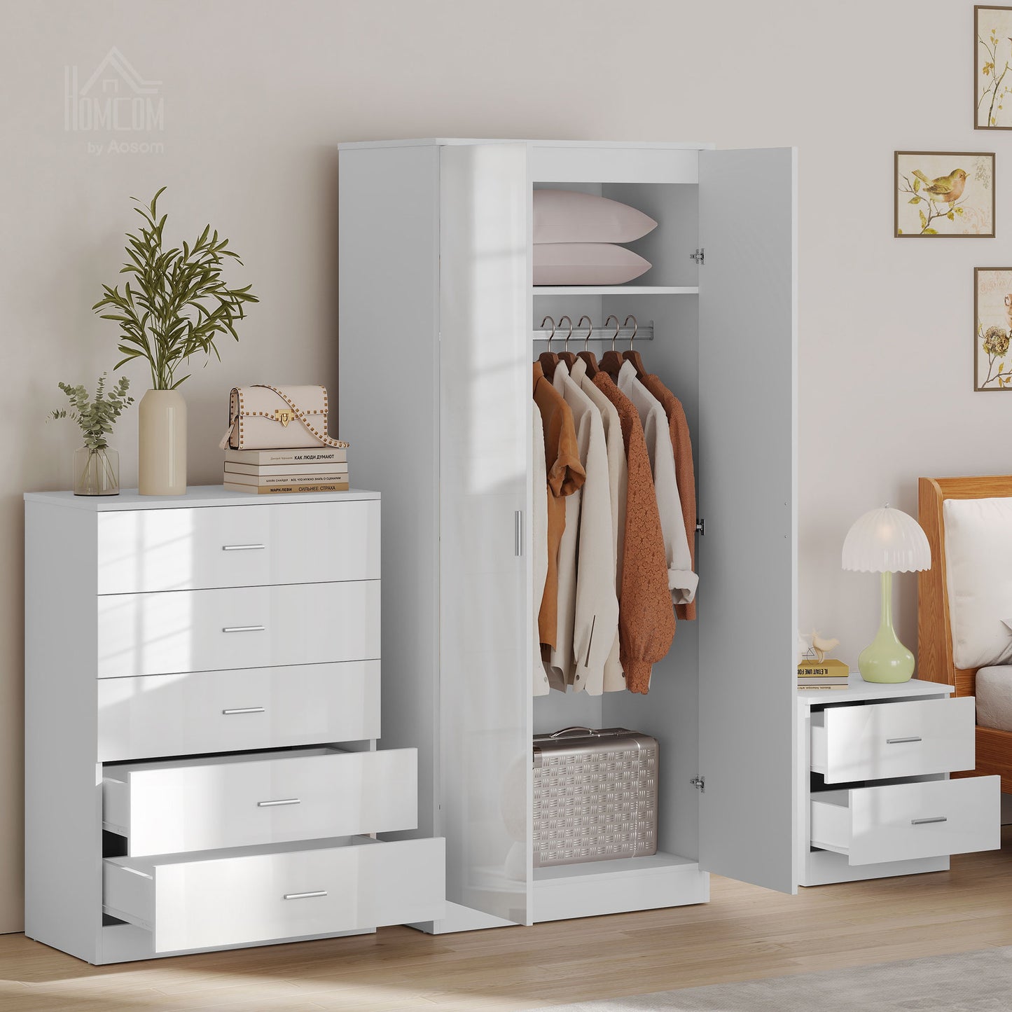 Belatera High Gloss White 3 Piece Bedroom Furniture Set Wardrobe Chest of Drawers And Bedside Table