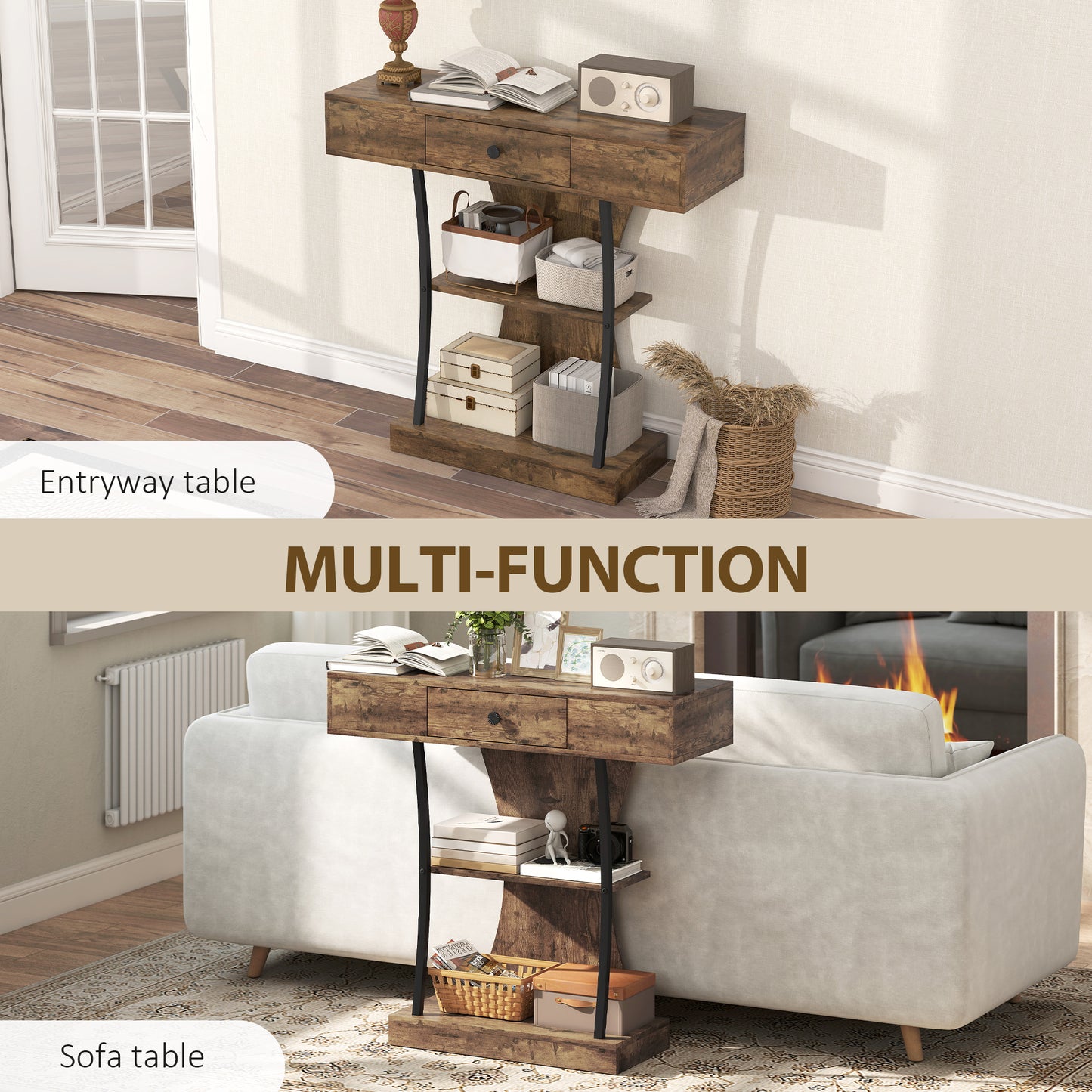 Rasana Metal And Wooden Rustic Brown 3 Tier Console Table With Drawer And Shelves