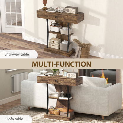 Rasana Metal And Wooden Rustic Brown 3 Tier Console Table With Drawer And Shelves