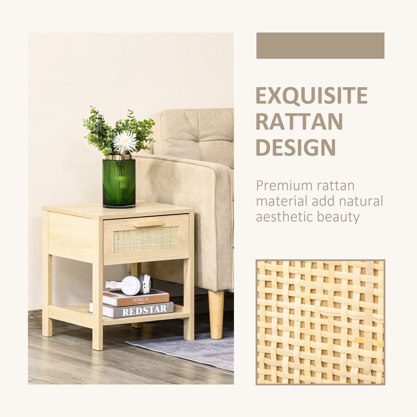 Dilamo Set Of 2 Farmhouse Bedside Tables With Rattan Drawer And Open Shelf