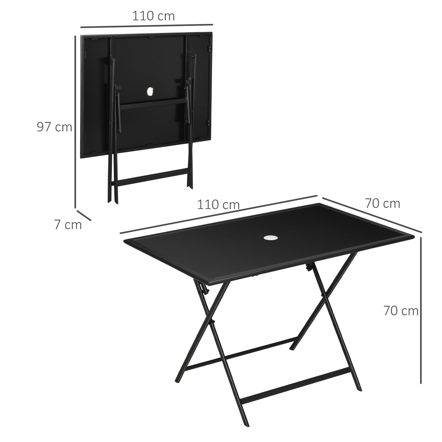 Nonila 110cm Black Steel And Glass Folding Outdoor Dining Table For 6