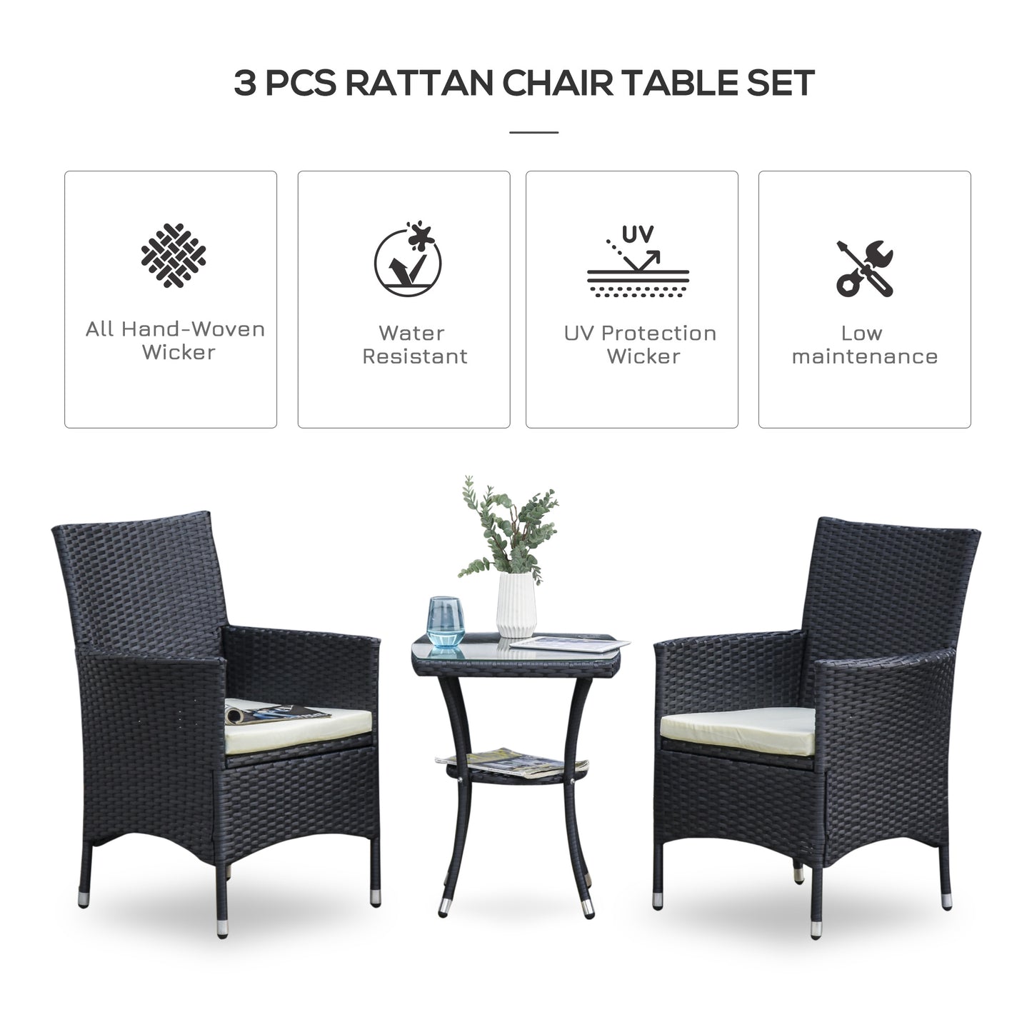 Rafifi Black Rattan 3 Piece Outdoor Bistro Set With Cushions And 2 Tier Coffee Table