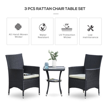 Rafifi Black Rattan 3 Piece Outdoor Bistro Set With Cushions And 2 Tier Coffee Table