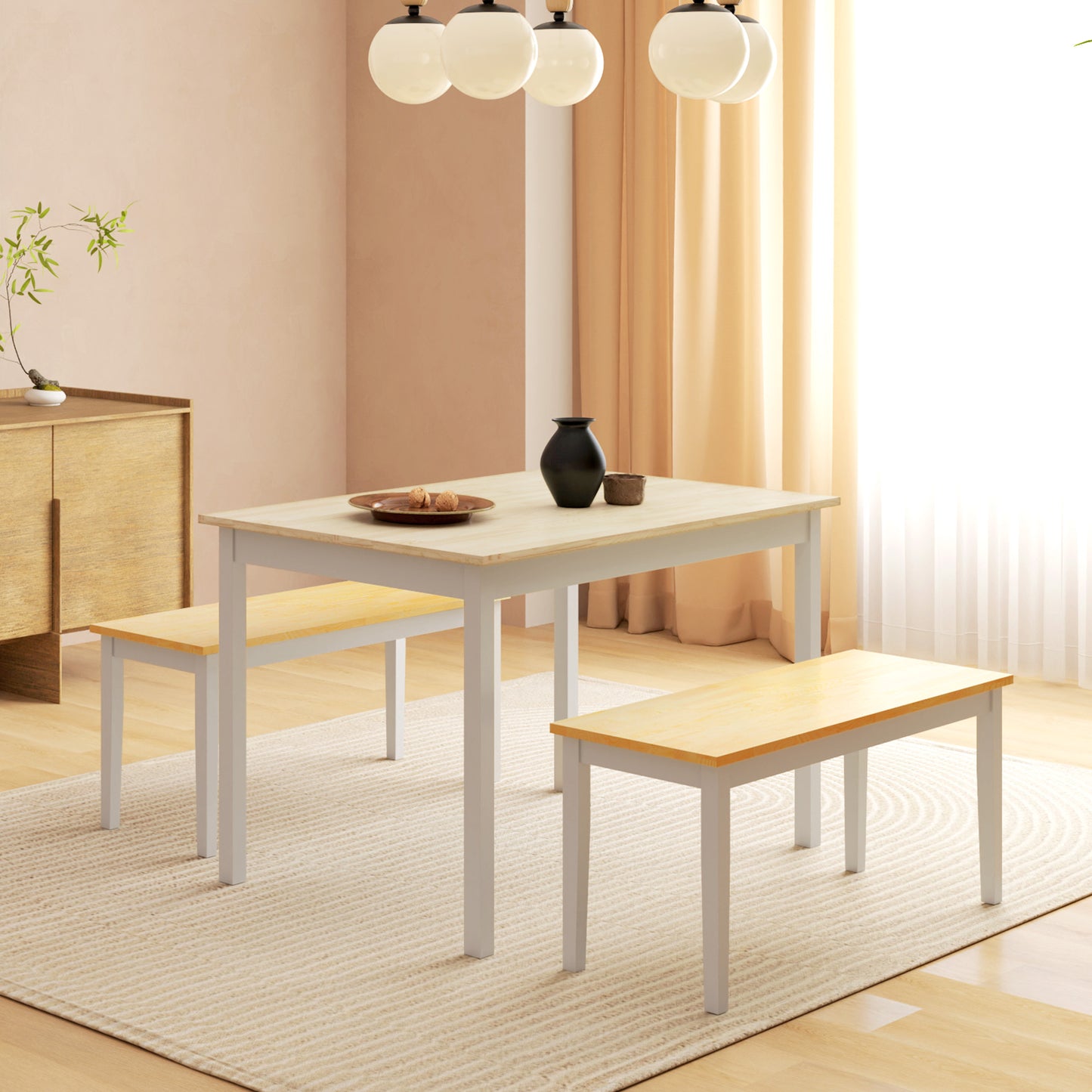 Nirosecco Solid Wood Natural And White Farmhouse Dining Table With Bench Set