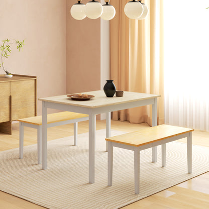 Nirosecco Solid Wood Natural And White Farmhouse Dining Table With Bench Set