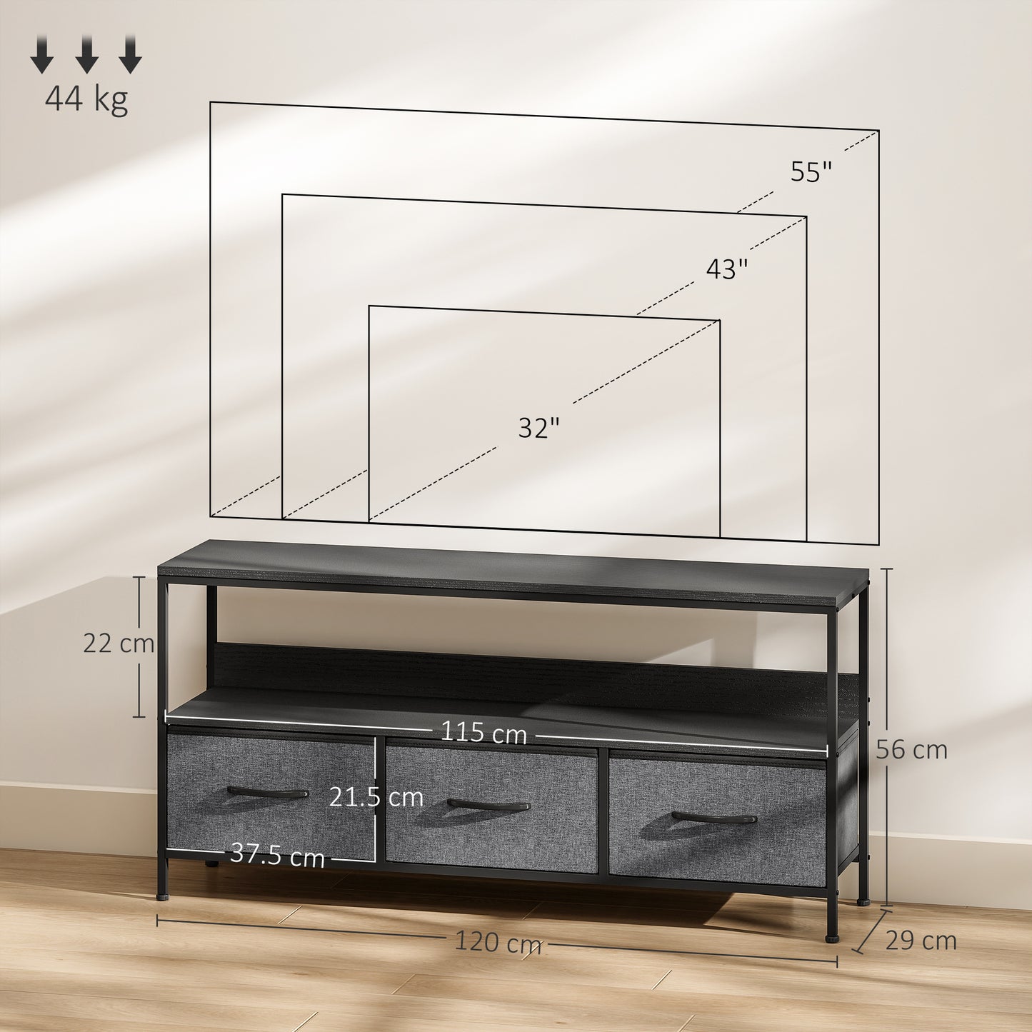 Avanor 120cm Black TV Storage Unit With 3 Fold Down Fabric Drawers