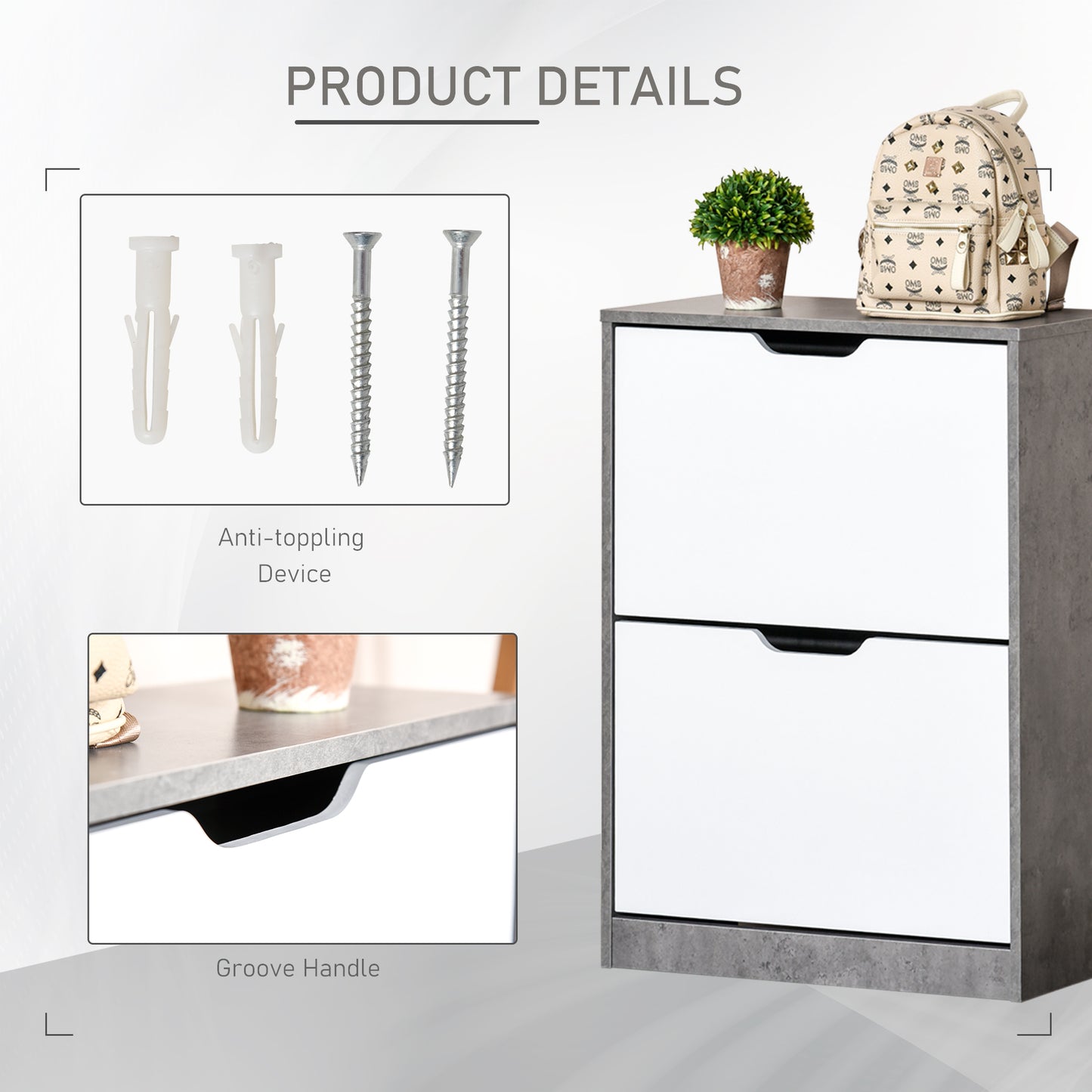 Lohase Wooden White and Grey Shoe Cabinet With 2 Drawers Grooved Handles