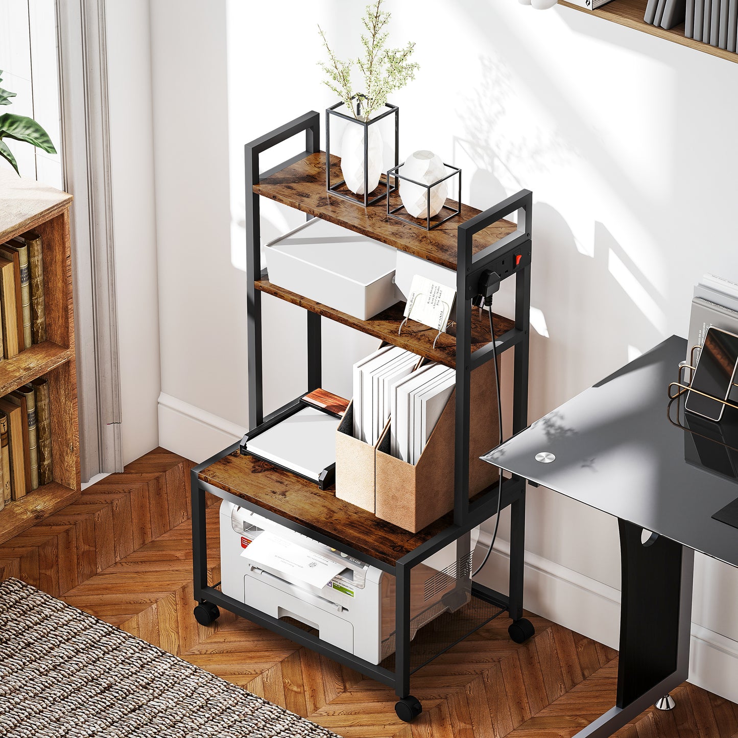 Suto Nivi Metal And Wood Rustic Brown 4 Tier Printer Stand With Power Outlets And Wheels