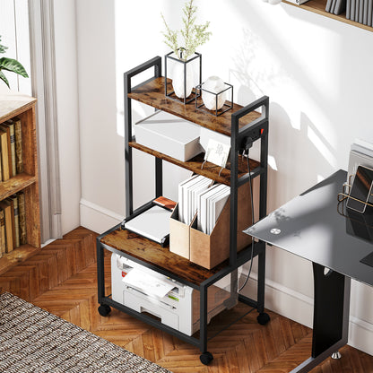 Suto Nivi Metal And Wood Rustic Brown 4 Tier Printer Stand With Power Outlets And Wheels