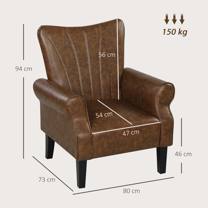 Vafi Brown Faux Leather Mid Century Accent Armchair With Rolled Arms And Wooden Legs