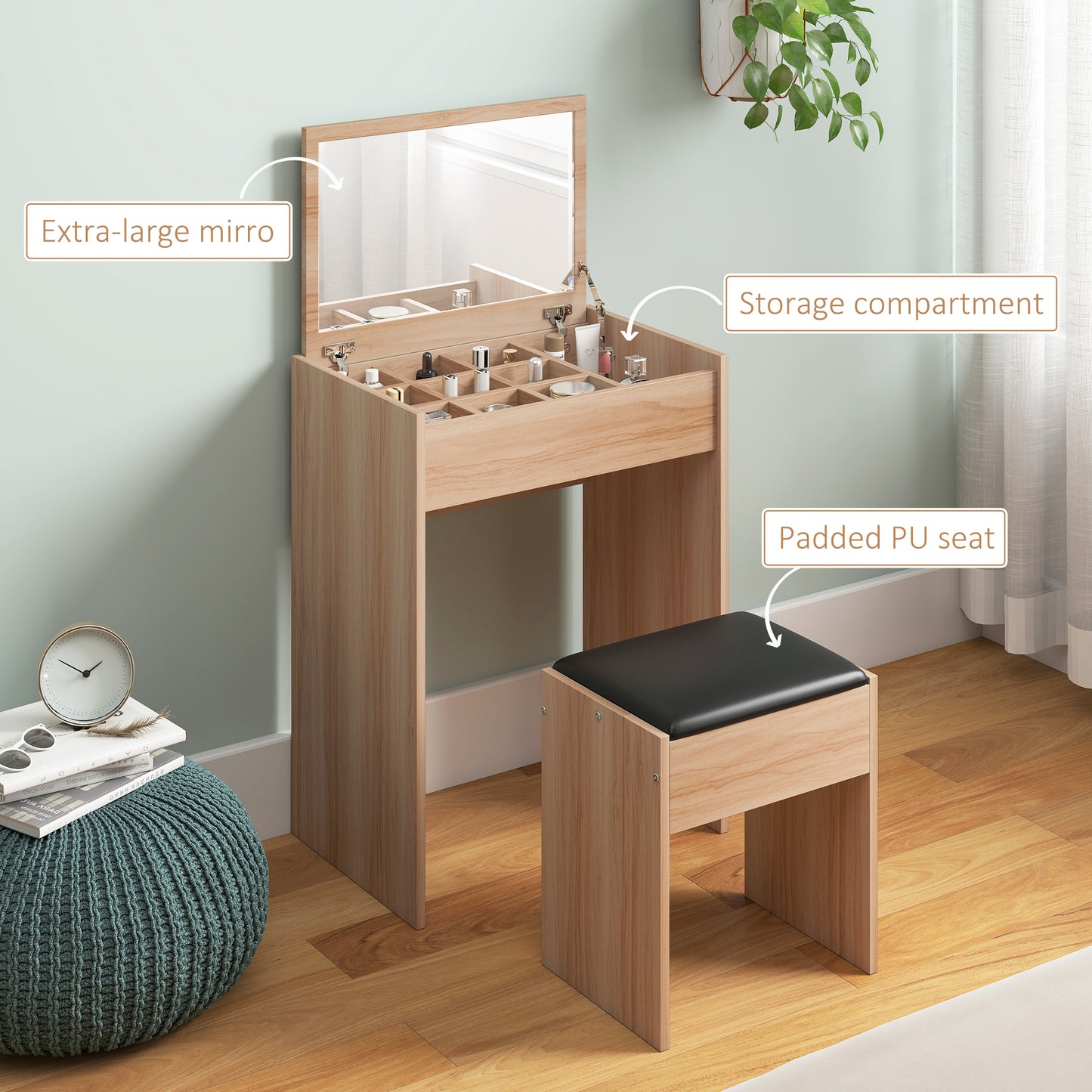 Nolena Natural Wood Vanity Desk With Flip Mirror Cushioned Stool And Storage