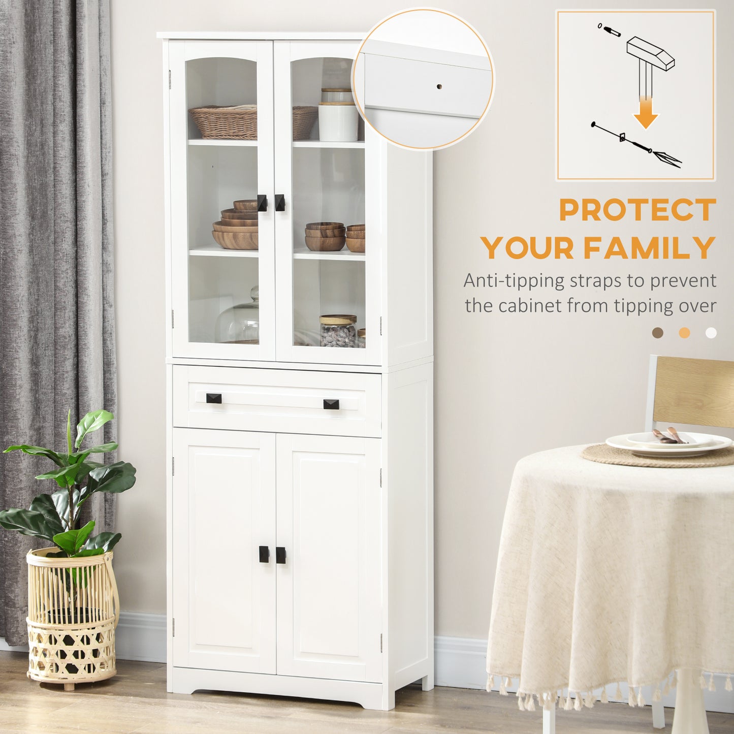 Cotase 160cm Wooden White Kitchen Cupboard With Adjustable Shelves Drawer And Glass Door