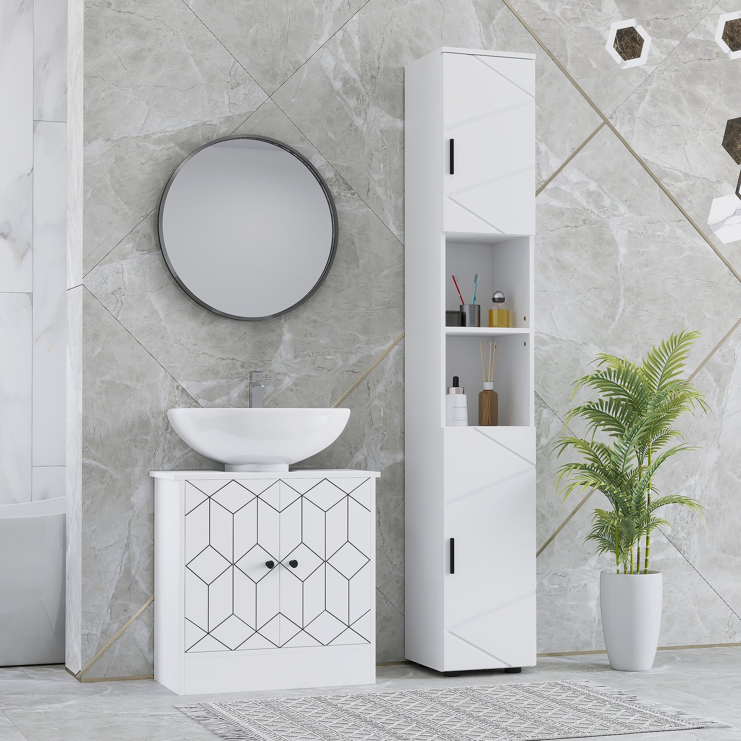 Domifa Tall Bathroom Storage Cabinet With Line Embossed Front And Adjustable Shelves White
