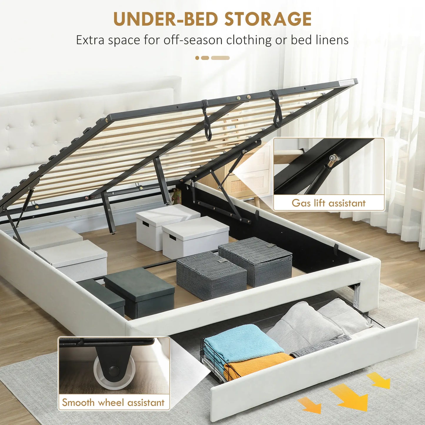 Double 4FT6 Ottoman Bed Frame with Front Divan Drawer Storage Cream