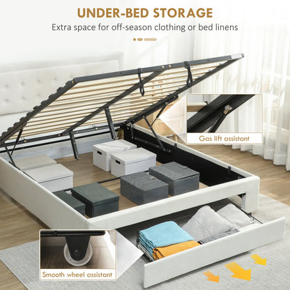 Double 4FT6 Ottoman Bed Frame with Front Divan Drawer Storage Cream