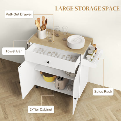 Seto Wooden White Rolling Kitchen Island With Drop Leaf Drawer Spice Rack And Towel Rail