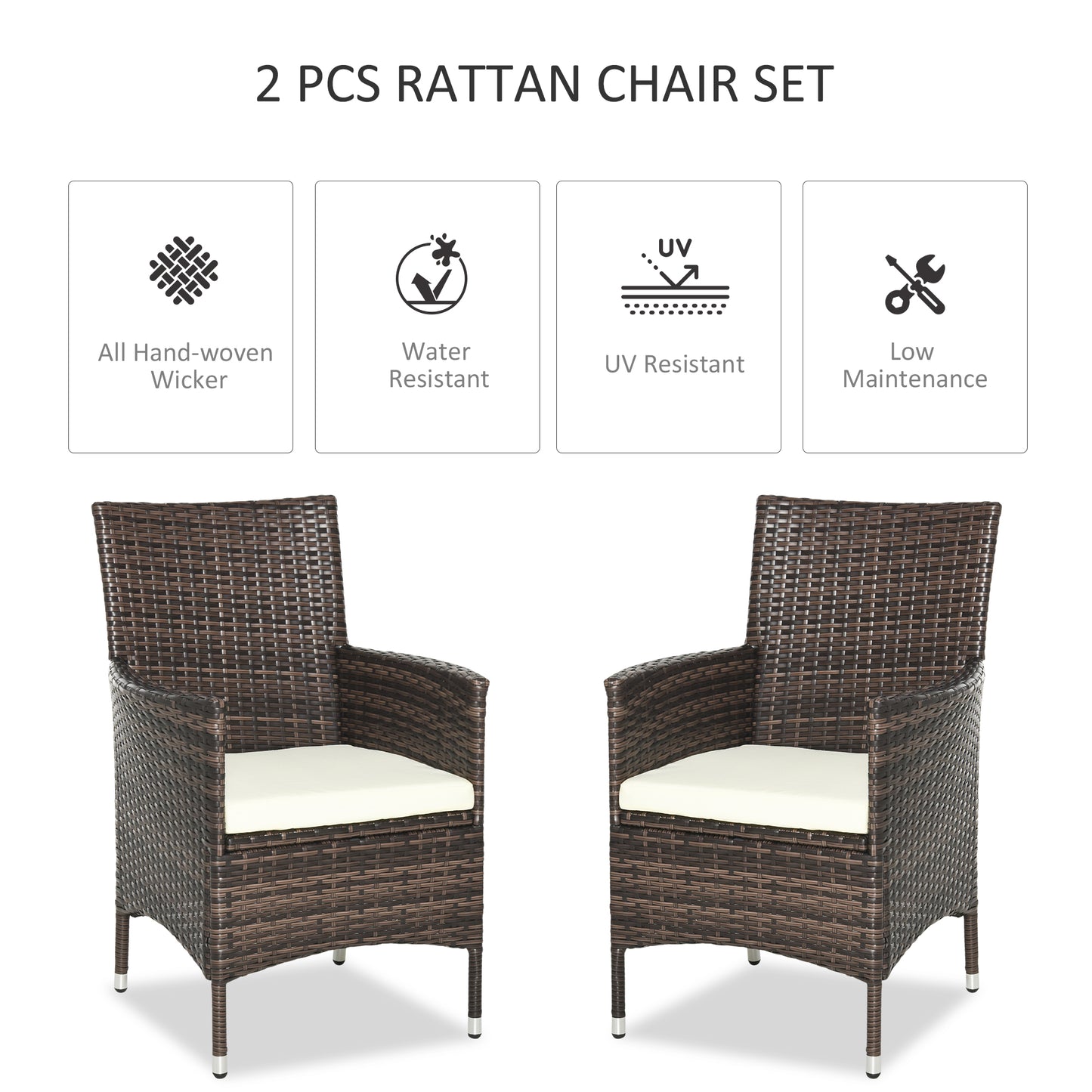 Kesase Set Of 2 Rattan Mixed Brown Garden Dining Chairs With Cushioned Seats