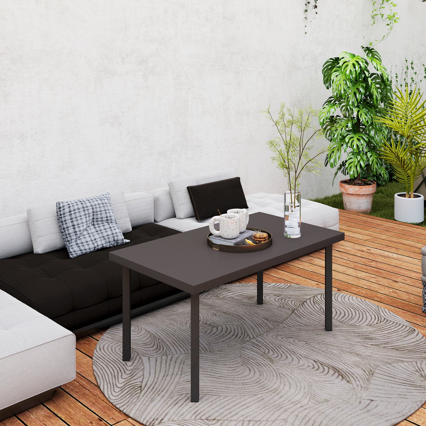 Satami Metal And Wooden Brown Outdoor Rectangular Coffee Table With Woodgrain Top