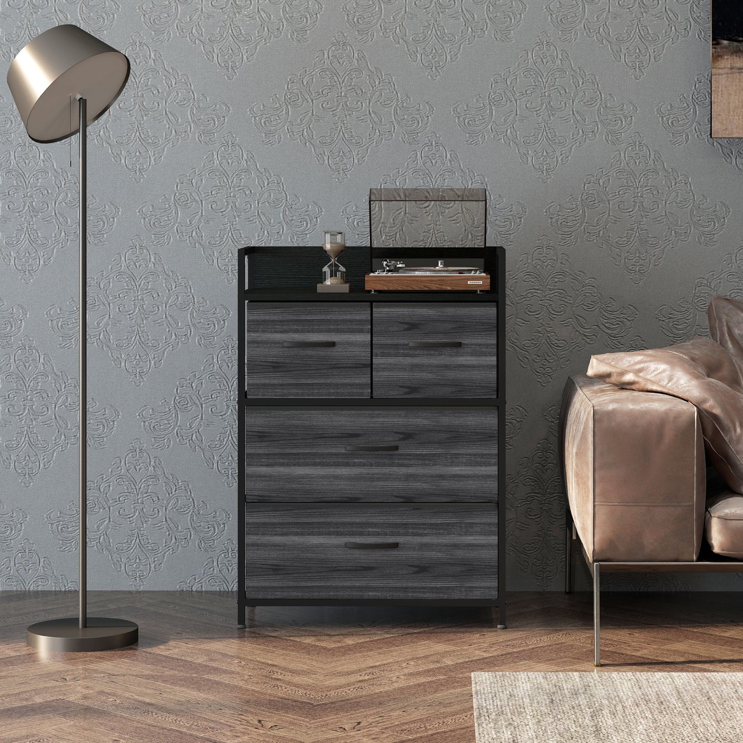 Kele Fabric And Wood Black 4 Drawer Rustic Storage Chest
