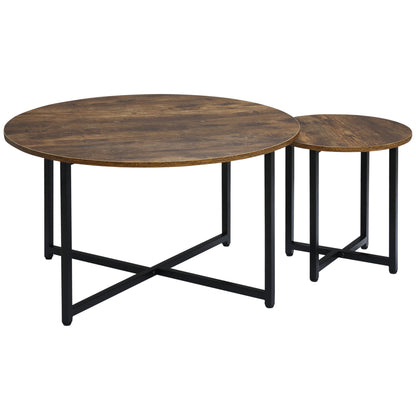 Kara Baso Set Of 2 Round Industrial Nesting Coffee Tables Metal And Wood Rustic Brown