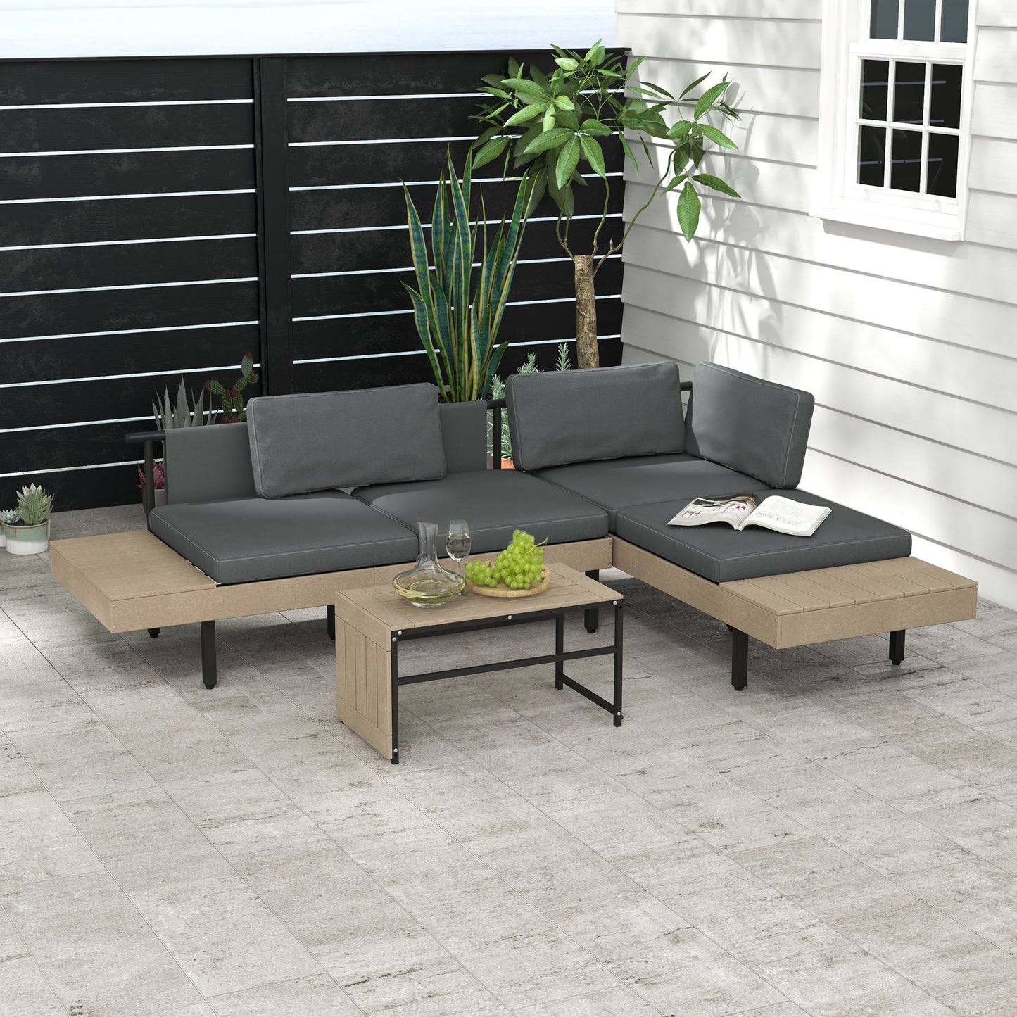 Vivino Metal Grey 3 Piece L Shaped Outdoor Garden Sofa Set with Coffee Table and 2 Side Tables