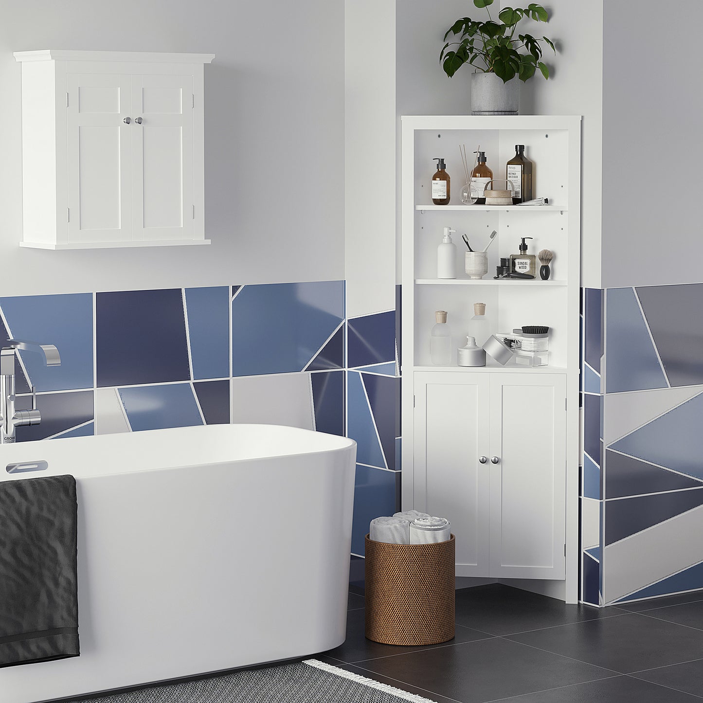 Dole Corner Bathroom Storage Cabinet With Cupboard And 3 Tier Shelves White