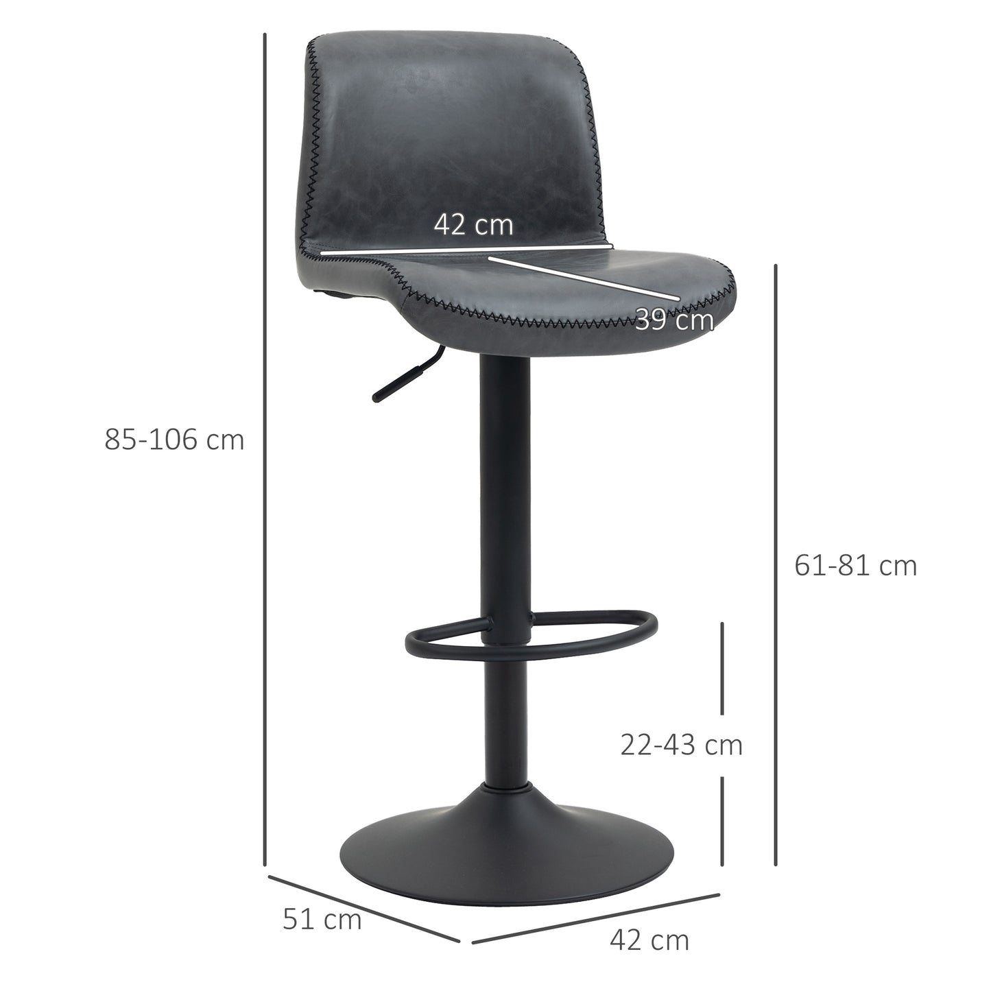Moretta Faux Leather Dark Grey Bar Stools Set Of 2 With Backrest And Integrated Footrest