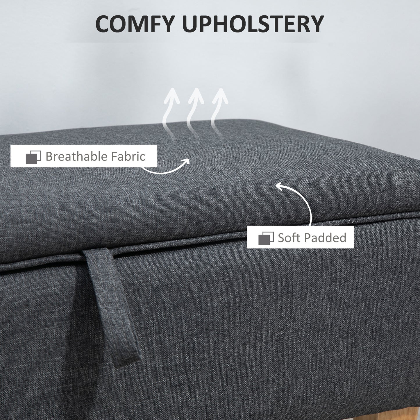 Cose Linen Dark Grey Storage Ottoman With Padded Seat Natural Wooden Legs