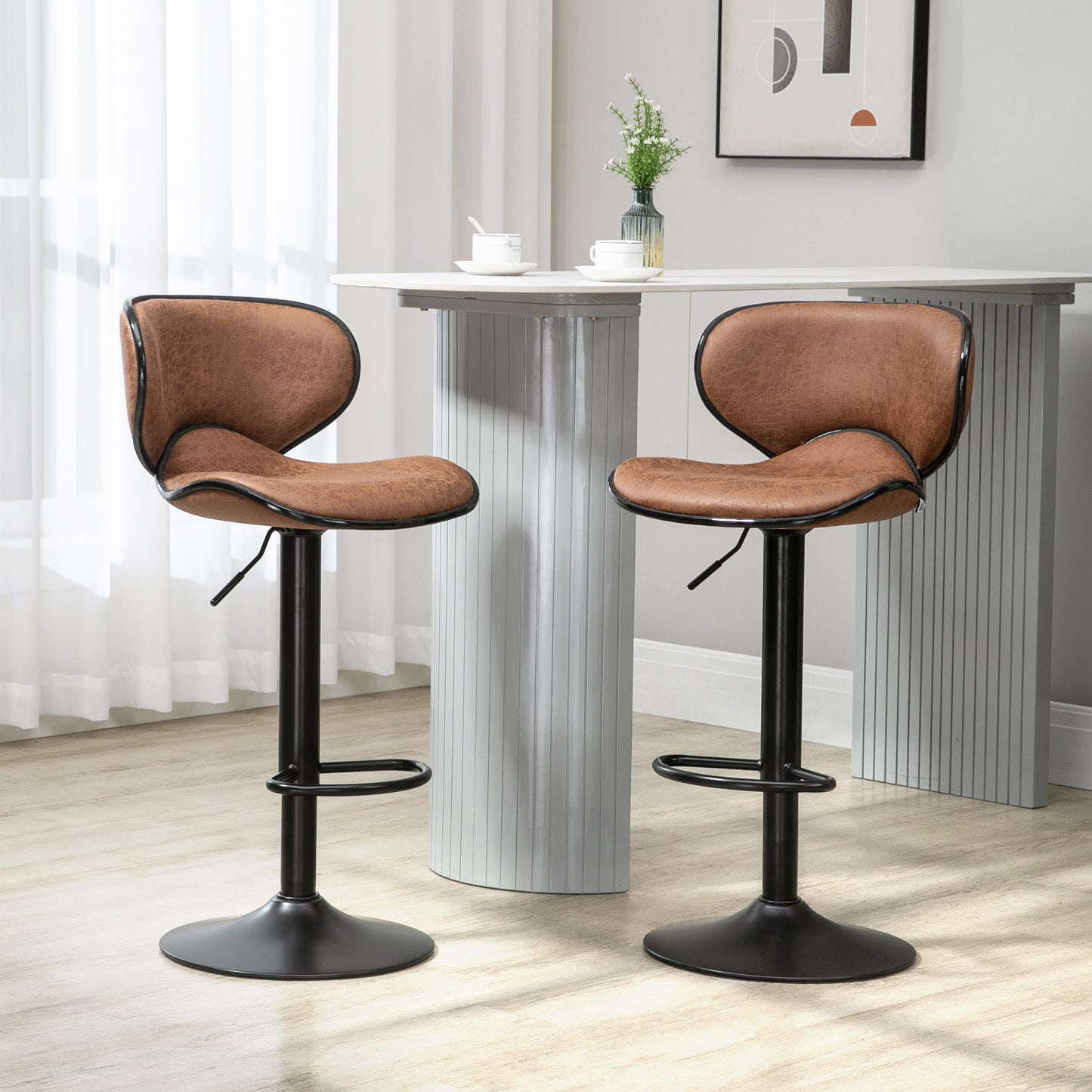Bama Microfiber Brown Adjustable Swivel Bar Stools Set Of 2 With Armless Design
