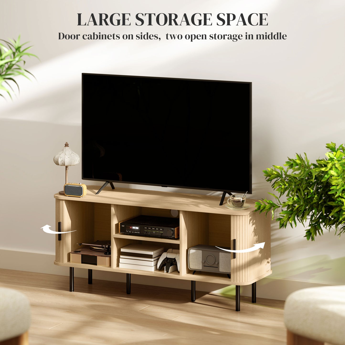 Elnali 120cm Wooden Natural Oak Effect TV Unit With Shelves For Screens Up To 55 Inches