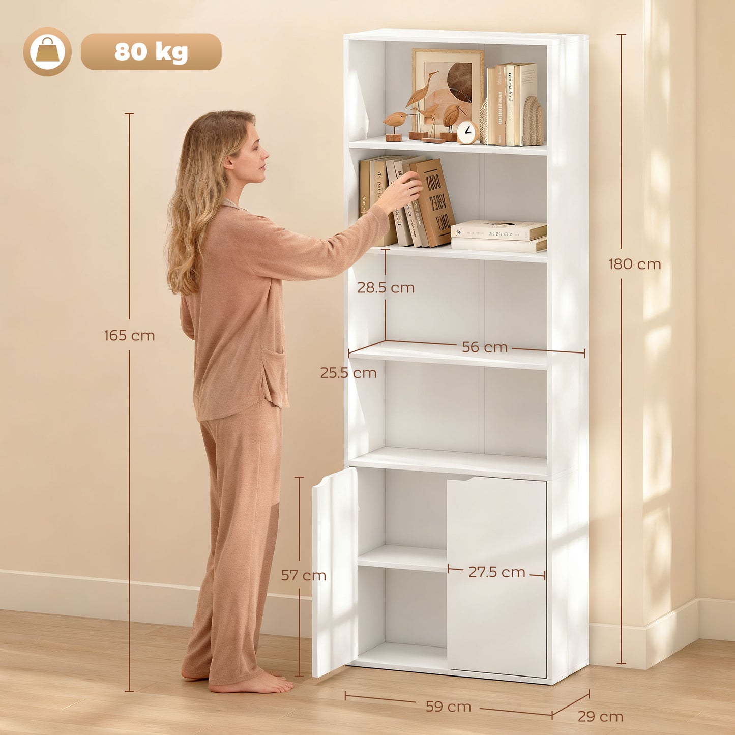 Zimo Rado Wood White 6 Tier Tall Bookcase With OFauxn Shelves And Double Door Storage 59 x 29 x 180 cm