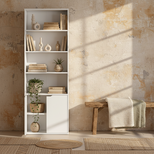 Ziratto Wood White 6 Tier Tall Bookcase With OFauxn Shelves And Double Door Storage 59 x 29 x 180 cm