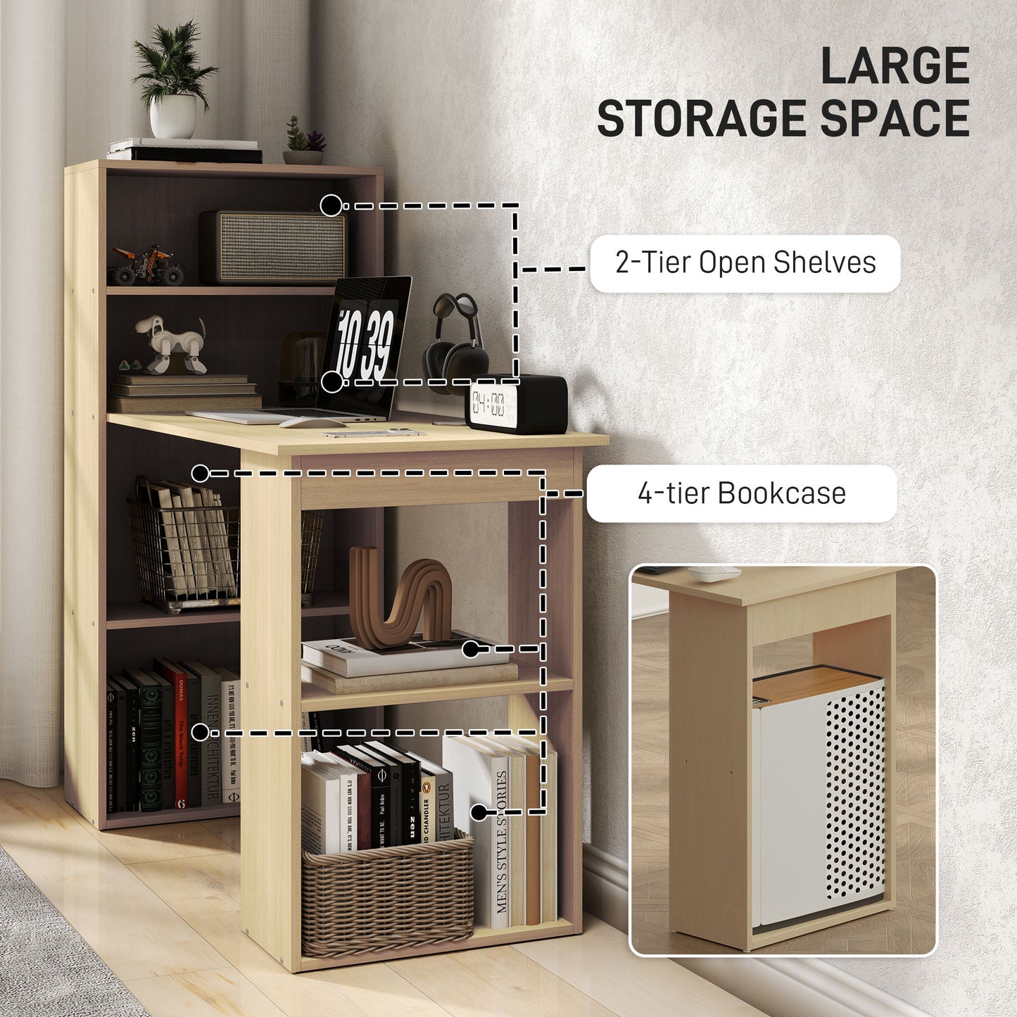 Mane 120cm Natural Wood Study Desk With 6 Tier Bookshelf Storage