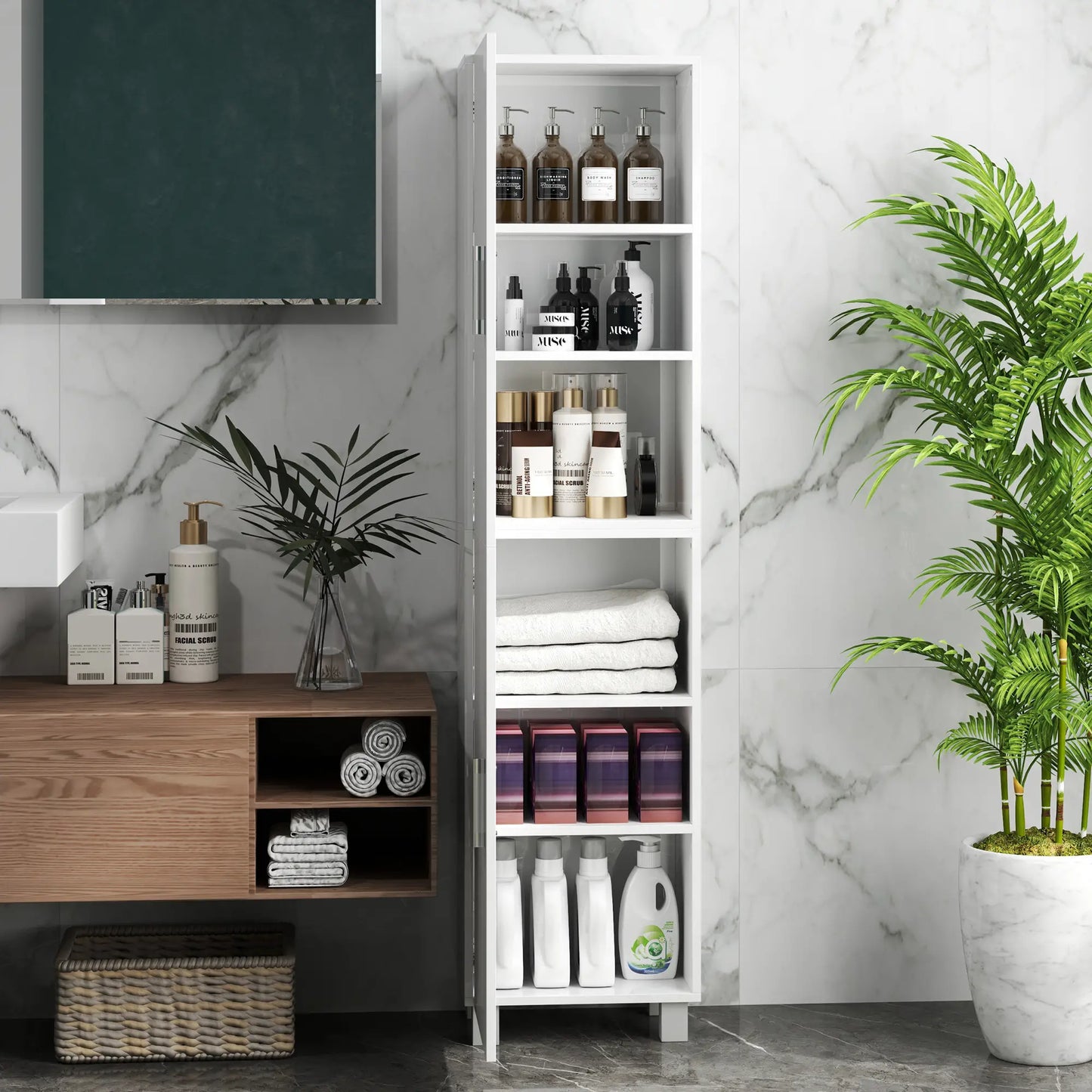 Valatti Freestanding Tall Bathroom Storage Cabinet With Adjustable Shelves And Double Doors