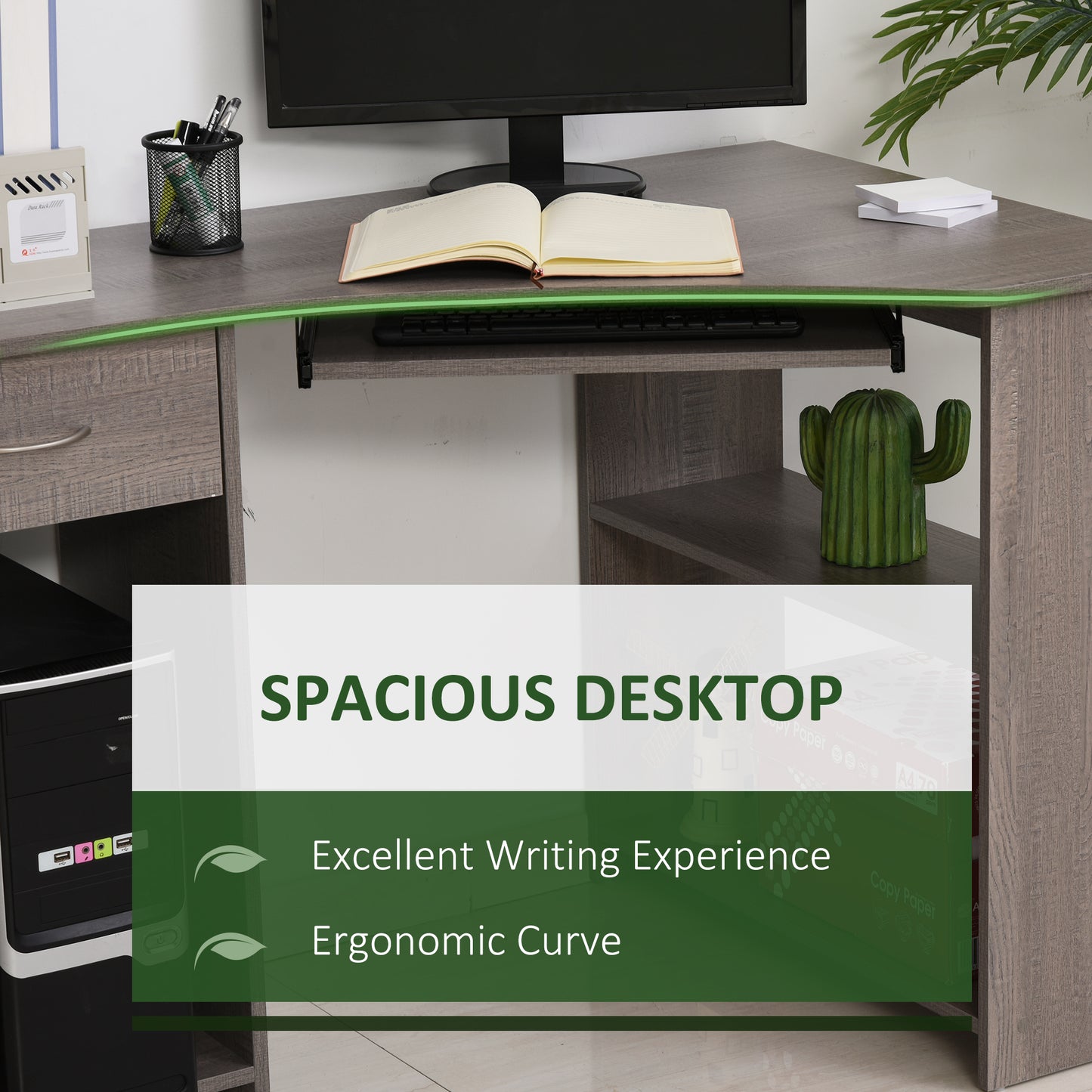 Nifi 120cm Wooden Grey L Shaped Corner Desk With Keyboard Tray Drawers And Shelving