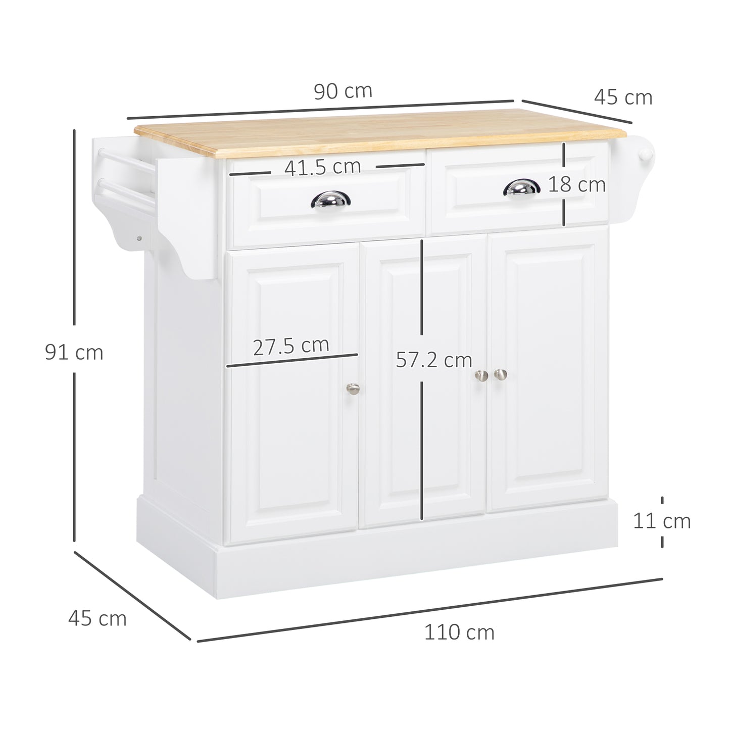 Nirael Wooden White Rolling Kitchen Island With Rubberwood Top Drawer And Storage